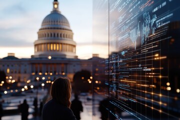 A captivating view of the U.S. Capitol building with data visualization overlay, reflecting the blend of governance and technology during a stunning sunset.