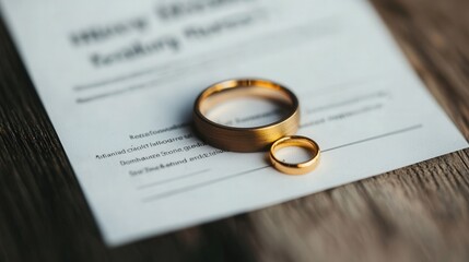 Divorce and law process, Two gold wedding rings on a textured surface, resting on a wedding certificate or document, symbolizing love and commitment.