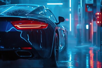 Fototapeta premium Automated vehicle cleaning station Blue car being washed with brush