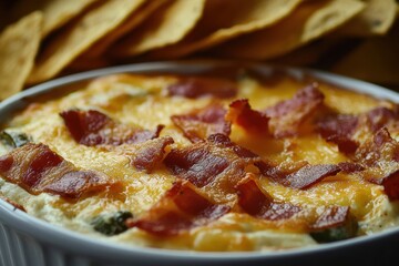 Bacon infused spicy jalapeno dip with chips