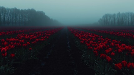 Fototapeta premium Foggy dawn, red tulip field, rows, Netherlands, agriculture
