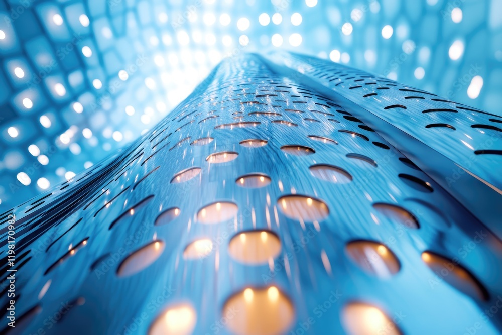 Wall mural abstract image of a blue metallic surface with circular cutouts and illuminated interiors, creating 