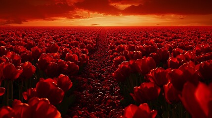 Obraz premium Red tulip field sunset path; fiery sky, romance, nature