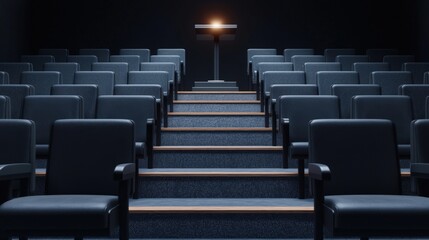 Fototapeta premium Divorce and law process, A dark auditorium with rows of empty seats leading to a spotlighted podium, creating an atmosphere of anticipation.