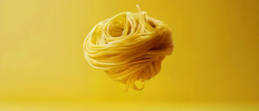 Anamorphic video 3D animation of multiple spaghetti noodles floating in the air, tangling and twirling.