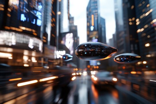 A dynamic and futuristic cityscape filled with hovering robotic objects, showcasing advanced technology amidst a bustling urban environment, creating an intriguing visual experience.