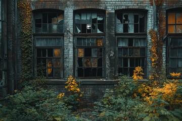 Abandoned brick factory overgrown with plants