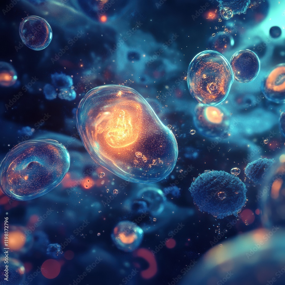 Poster exploring the vibrant world of microbes in detailed 3d render showcasing cell structures and interac