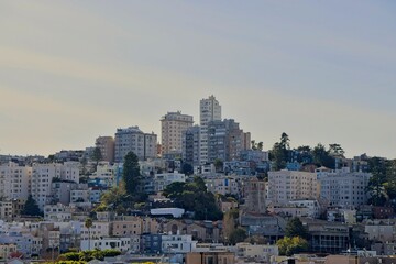 Fototapeta premium Buildings pack the hilly streets of San Francisco, California