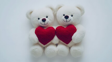 Cute White Teddy Bears Holding Red Hearts on Soft Background