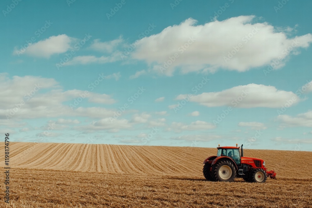 Poster red tractor working on a plowed field under blue skies with fluffy clouds in rural landscape. genera