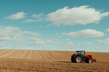 Obraz premium Red tractor working on a plowed field under blue skies with fluffy clouds in rural landscape. Generative AI