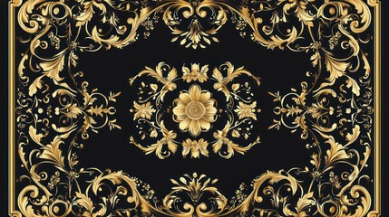 Gold Baroque floral rug design, dark background, textile print
