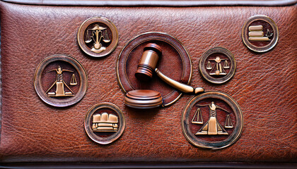 A textured leather background with embossed icons of gavels and legal texts, exuding professionalism and authority. Ideal for law firms, legal branding, and professional presentations.