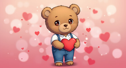 Valentine's day theme illustration background wallpaper cute teddy bear holding a heart love bokeh	
