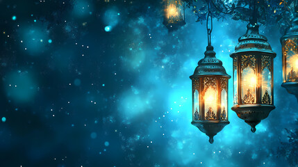 Blue background with glowing lanterns and eid mubarak text. Lunarglow. Illustration