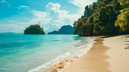 Beautiful beach with a clear blue ocean and a small island in the distance. The sky is partly cloudy, but the overall mood is serene and peaceful