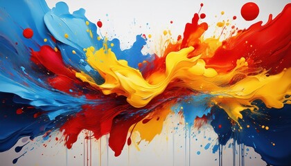 Vibrant Splash of Colors Stunning Abstract Artwork Showcasing Red, Yellow, and Blue Paint Splatters...