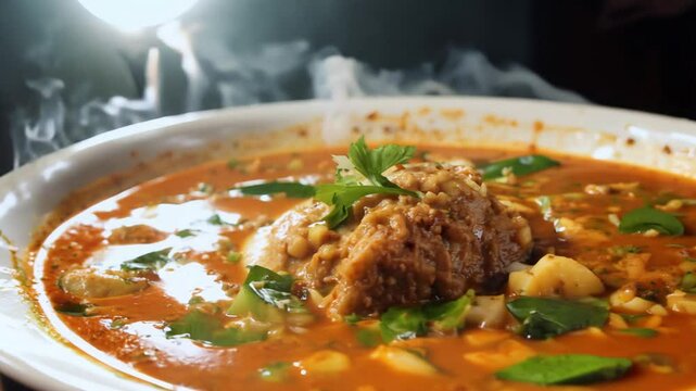 Spotlight establishing video, camera pans across a table with a steaming bowl of nigerian egusi soup with fufu, vibrant colors of the soup are prominent
