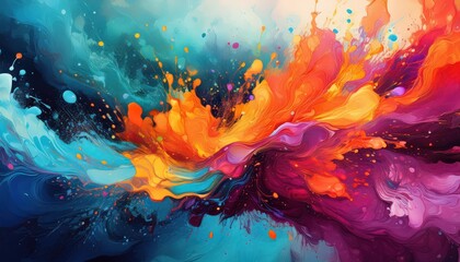 Vibrant Dynamic Abstract Fluid Art Colourful Paint Splatters Evoking Movement and Creativity on a Fluid Background, Captured at , .