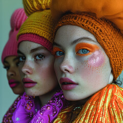 Obraz premium Three women with colorful face paint, with one woman wearing blue and the other two wearing green and orange. The women are posing for a photo, and the overall mood of the image is playful and fun