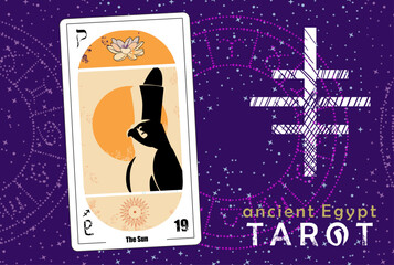 Ancient Egyptian Tarot. Tarot card called The Sun with a drawing of the god Horus and the Hebrew letter Qof. Esotericism and divination