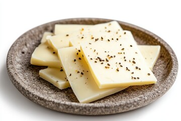 Cheese wedges with cumin on a stone dish set against a white backdrop