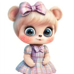 Cute cartoon bear girl, plaid dress, bow,  happy expression, white background, kids illustration