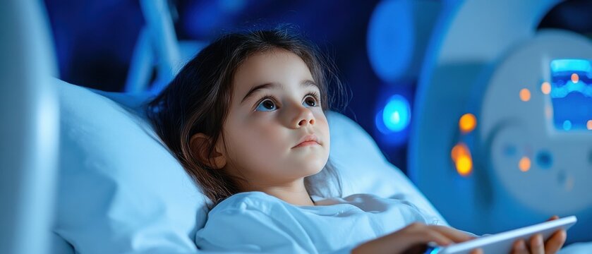 [Child in hospital bed gazing out window] Young girl lying in hospital bed intensely focusing on phone amidst medical equipment and dimly lit room.