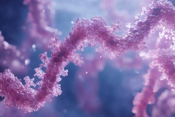 Fototapeta premium Close up view of molecular RNA chain surrounded by various viruses in a detailed scientific visualization. Generative AI