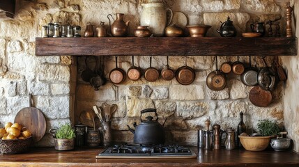 Fototapeta premium Rustic kitchen with copper pots, pans, and antique stone wall. Perfect for blogs, magazines, or websites showcasing vintage cooking or home design.