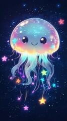 Fototapeta premium Cute glowing jellyfish with stars.