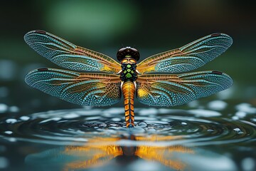 A mesmerizing dragonfly with vibrant wings gracefully rests on the still water's surface, creating a captivating reflection.