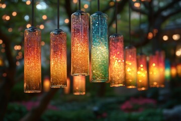 Colorful Glass Wind Chimes Dancing in the Gloaming Light of Summer Evening