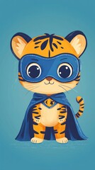 Obraz premium Cute tiger cub superhero in blue mask and cape.