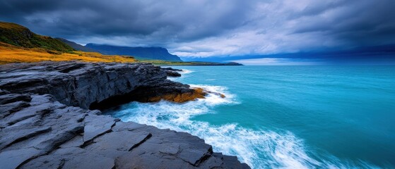 [Rugged coastal landscape with rocky shoreline and lush green hillside] Panoramic Landscape with Rugged Cliffs and Ocean Views