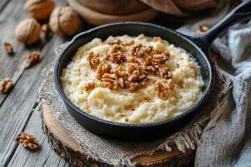 Classic Allg&auml;u cheese noodles with walnuts showcased in an iron skillet on a wooden board