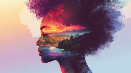 Inner Landscapes A Woman's Portrait Merged with Vibrant Nature Scenery