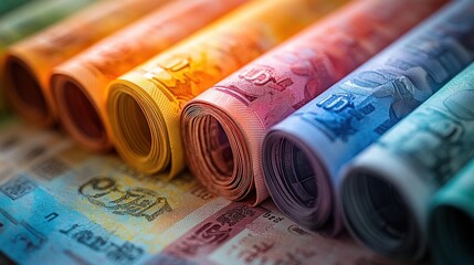 Close-up of colorful Algerian dinar banknotes arranged in semi-fanned position