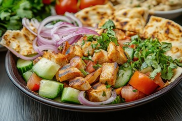 Classic fattoush salad served with pita croutons cucumber tomato red onion mixed vegetables and herbs
