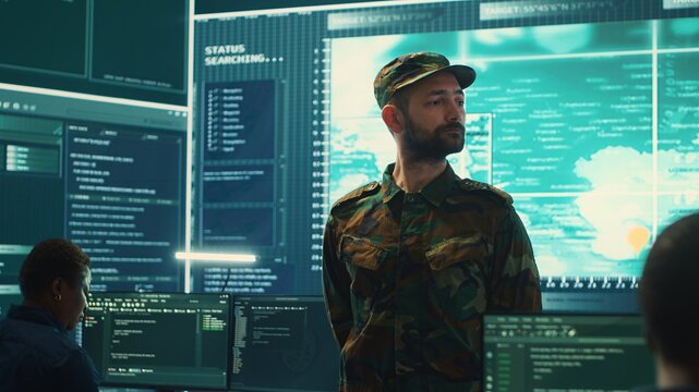 Armed forces cyber security team conducting top secret investigations, using advanced technology for secure communication and threat detection. Classified military information. Camera A.