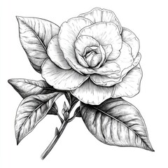 Camellia Flower: Black and White Botanical Illustration, Elegant Floral Line Art Print, Vintage Botanical Drawing, Nature Graphic Design