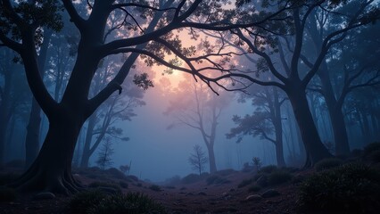 Mystical fog envelops an ancient forest, where a towering tree casts a mystical shadow over the earthy terrain, creating a serene, enchanting vista shrouded in mist
