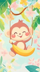 Fototapeta premium Happy monkey swinging on banana in lush tropical garden.