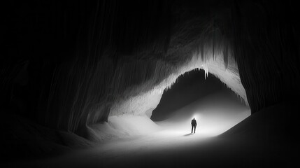 [Cave with illuminated pathway] Dark Cave Tunnel Entrance with Grid Overlay Digital Art Surreal Scene Icy Interiors Abandoned Pathway
