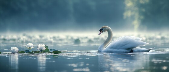 Fototapeta premium [Serene swan floating on lotus flowers in misty morning] Serene Swan Floating Among Lotus Flowers in Misty Morning Landscape