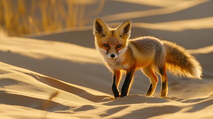 Fototapeta premium [Red fox standing on sand in low light] Alert Red Fox Standing on Sandy Terrain with Golden Hour Lighting