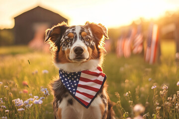A professional luxurious photo of an Australian Shepherd sitting proudly in an open field filled with wildflowers, wearing an American bandana around its neck, postal card, gift card, background