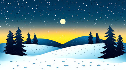 Naklejka premium Winter Night Landscape: Serene Snow-Covered Hills, Majestic Trees under Starlit Sky