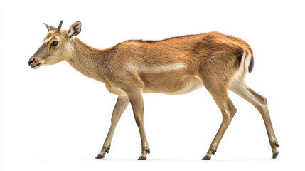 Obraz premium Small brown deer walking gracefully against a clear white background, showcasing a natural pose and delicate anatomy in a minimalist environment.